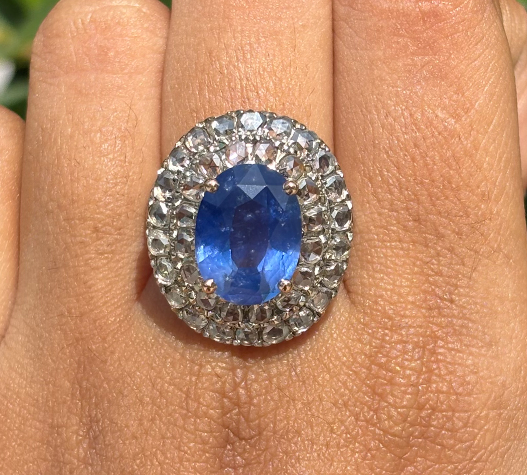 6.70 Carat Royal Blue SAPPHIRE & Rose-cut Diamonds Statement Ring in 14K White Gold