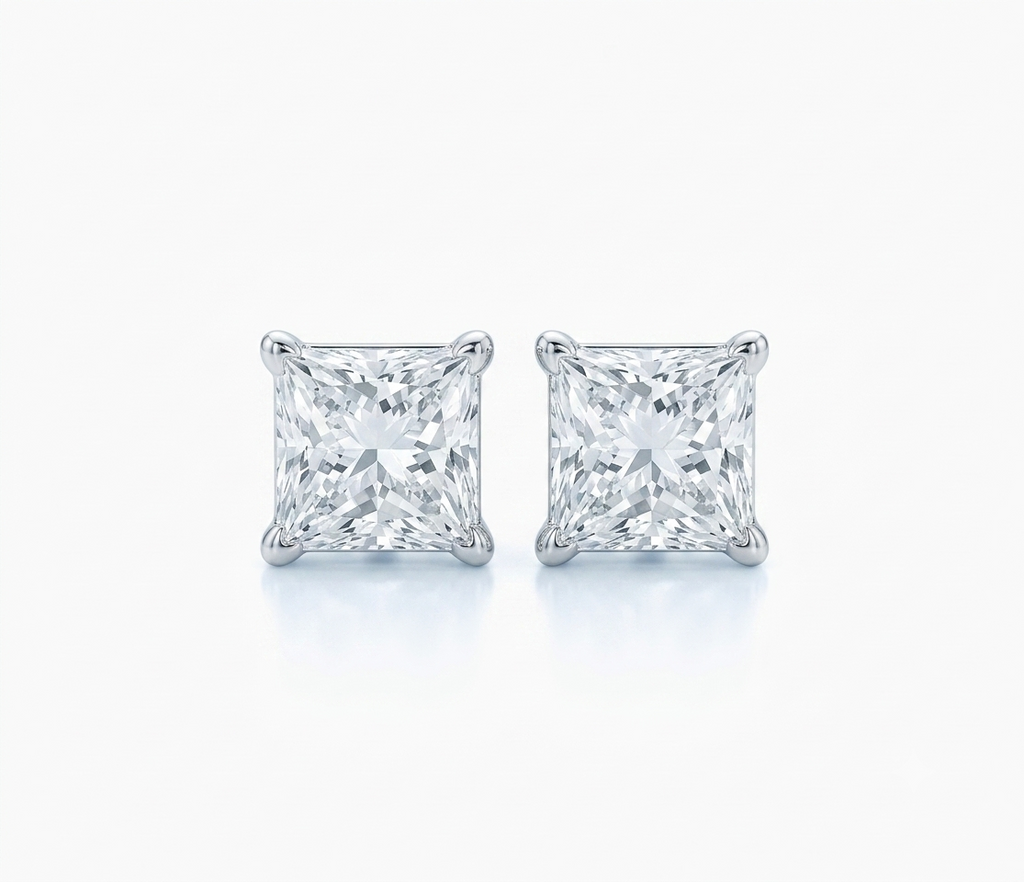 1.73 Carat Princess cut Lab Diamonds in 14KWG stud Earrings