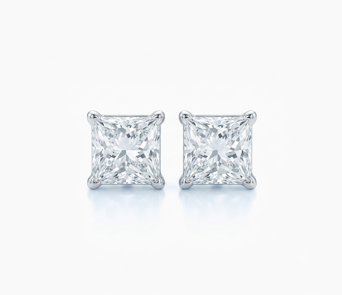 1.73 Carat Princess cut Lab Diamonds in 14KWG stud Earrings