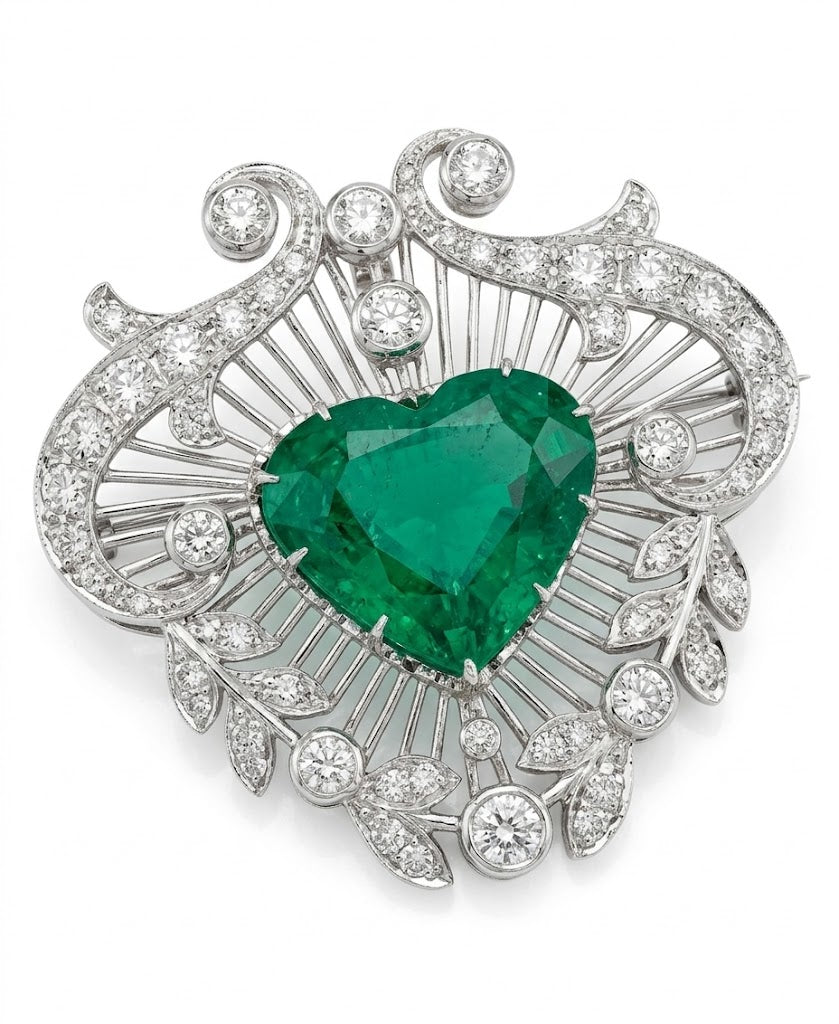 18.52 Carat Emerald Brooch in 18K White Gold