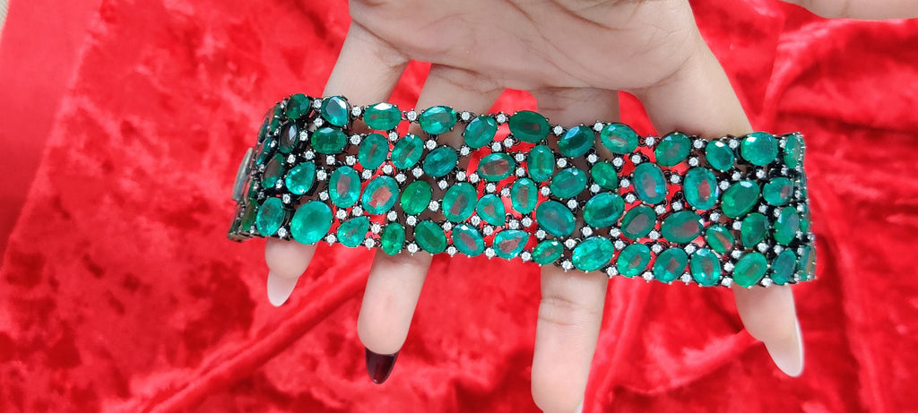 115.21 Carat Zambian Emerald Studded with Diamonds Bracelet in 18K White Gold