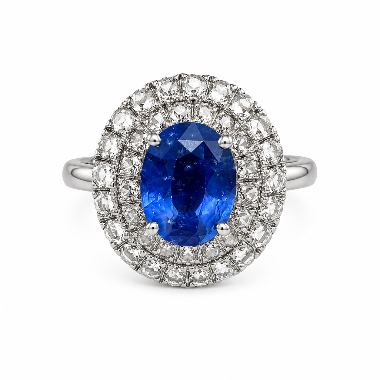 6.70 Carat Royal Blue SAPPHIRE & Rose-cut Diamonds Statement Ring in 14K White Gold
