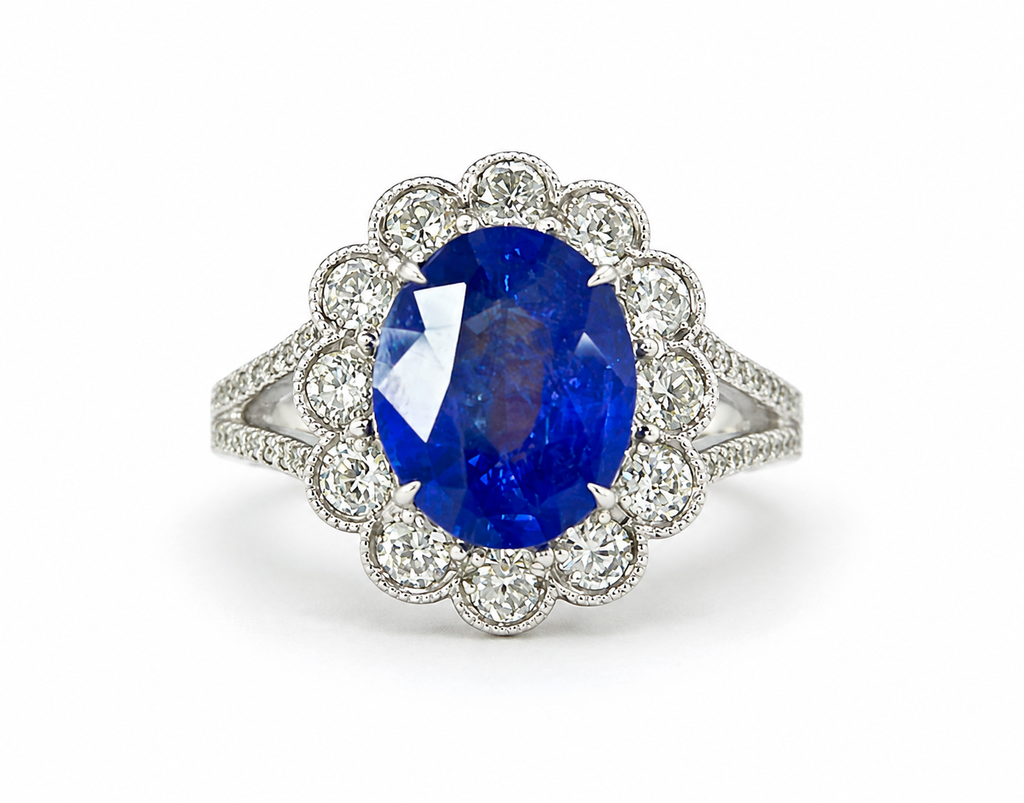 4.32 Carat Ceylon Royal Blue Sapphire Ring with Round Halo Diamonds in 18K White Gold