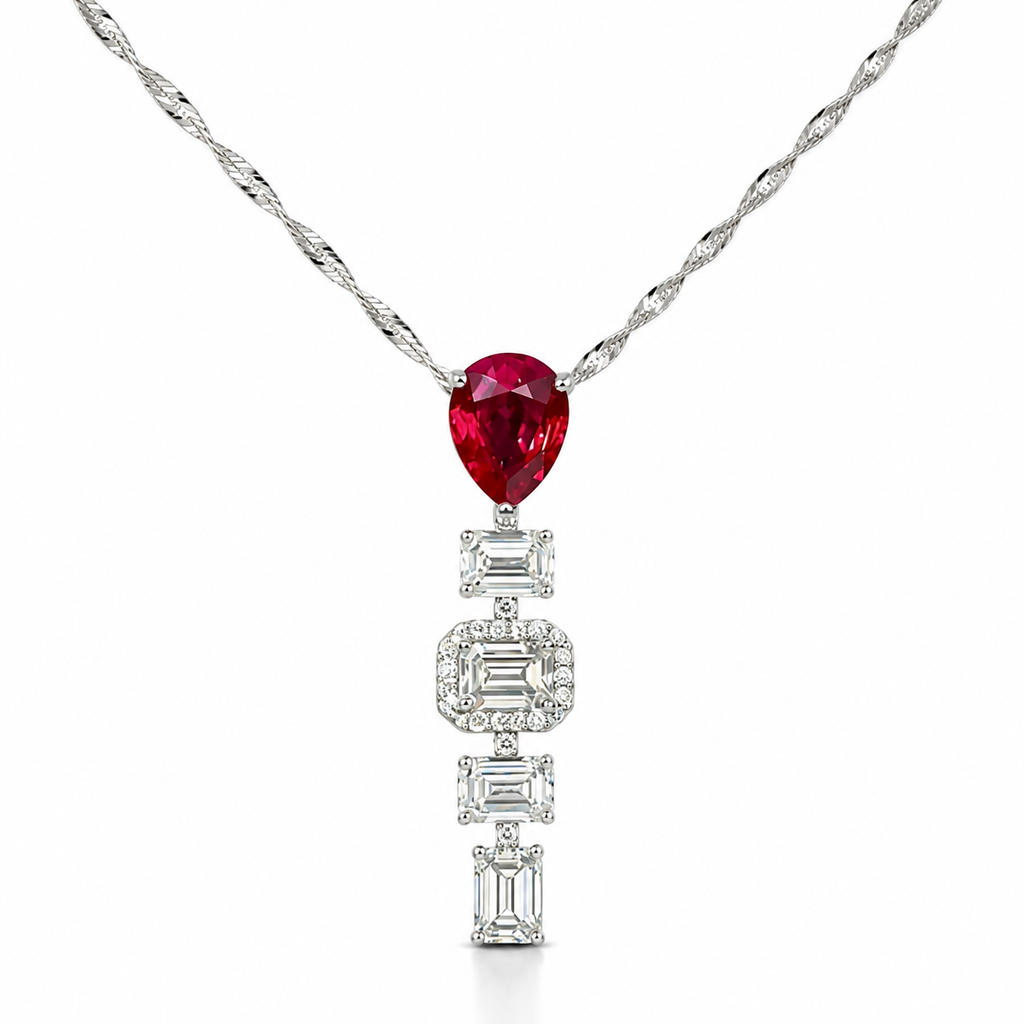 2.17 Carat Pear shaped Ruby,  2.17 Carat Emerald  Cut Lab Diamond in 14KWG Pendant