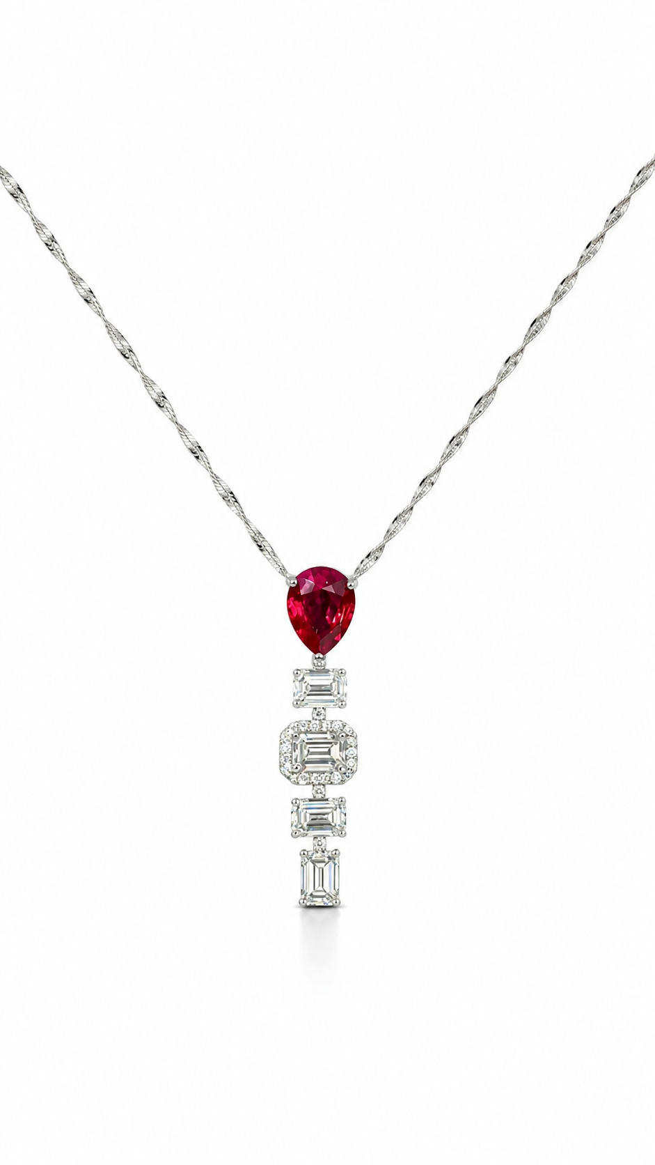2.17 Carat Pear shaped Ruby,  2.17 Carat Emerald  Cut Lab Diamond in 14KWG Pendant