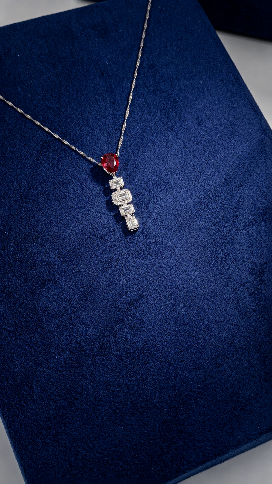 2.17 Carat Pear shaped Ruby,  2.17 Carat Emerald  Cut Lab Diamond in 14KWG Pendant