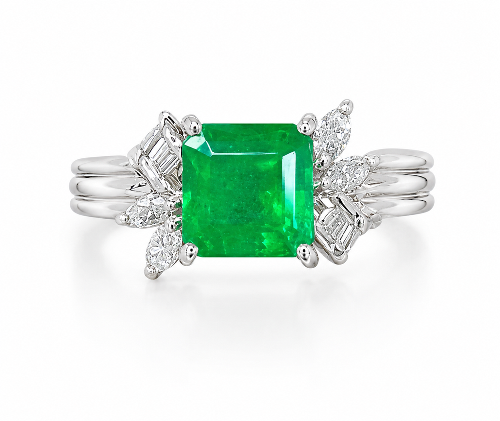 1.45 Carat Colombian Emerald & Diamond Antique-style Ring in Platinum 900