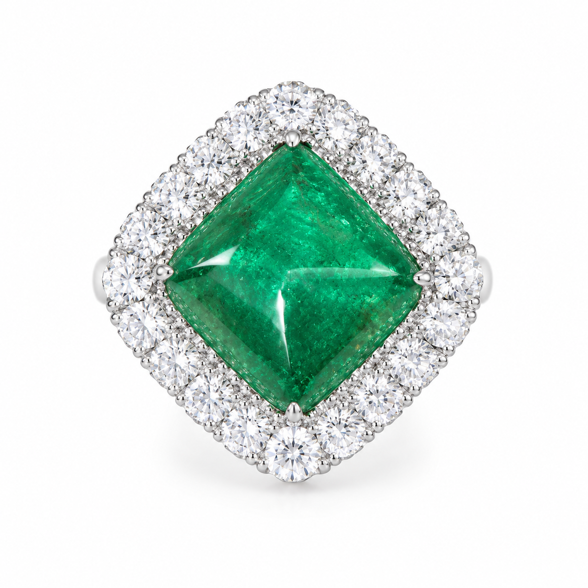 9.05 Carat Emerald Sugarloaf Cut 14K White Gold Ring