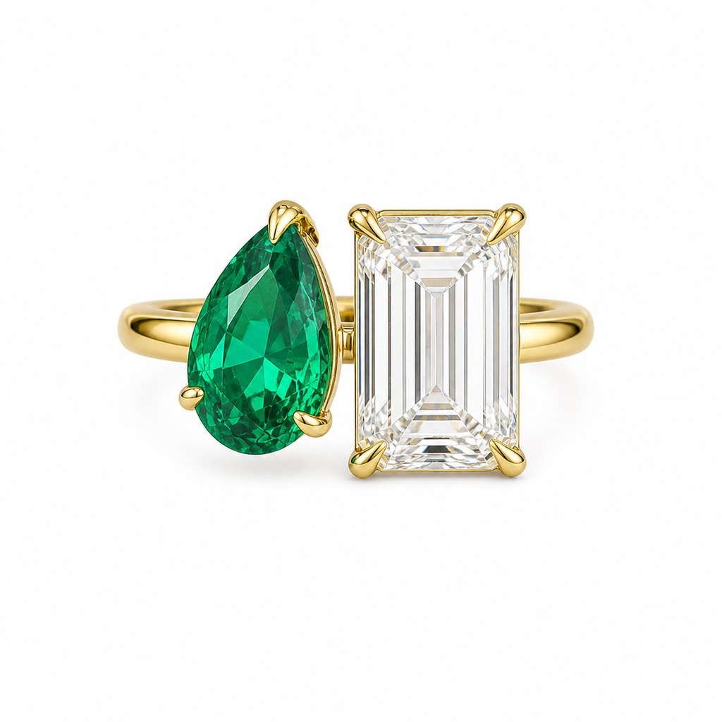 2.62 Carat Green Pear Shape + 5.07 Carat Emerald Cut Lab Diamond Ring in 18K Yellow Gold