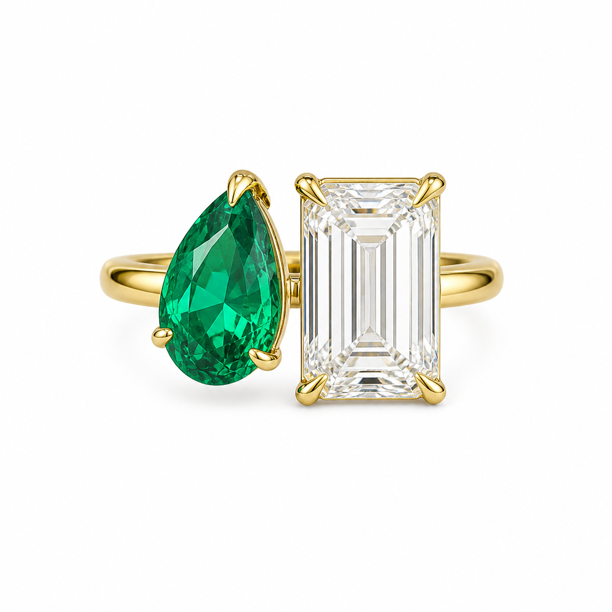 2.62 Carat Green Pear Shape + 5.07 Carat Emerald Cut Lab Diamond Ring in 18K Yellow Gold