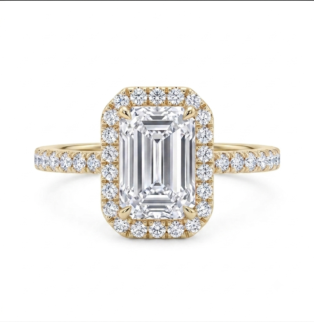 1.32 Carat Lab Emerald cut in  9K YG Ring