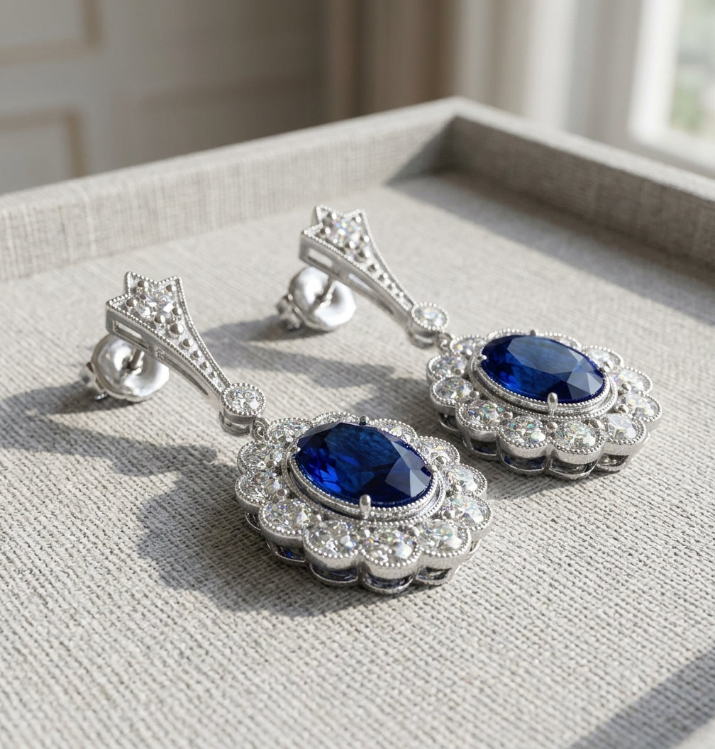 3.02 Carat Natural Blue Sapphire in 14K White Gold Earrings