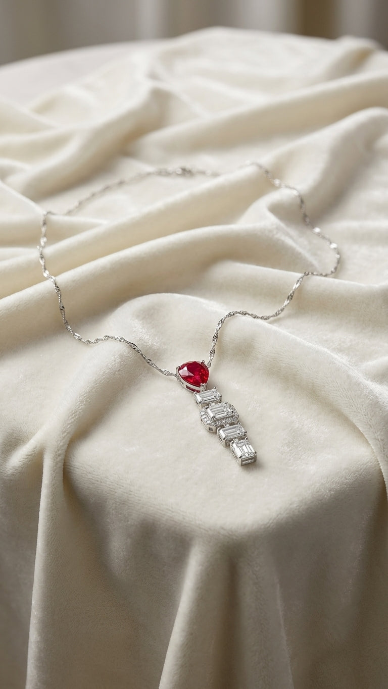 2.17 Carat Pear shaped Ruby,  2.17 Carat Emerald  Cut Lab Diamond in 14KWG Pendant