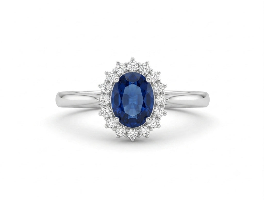 1.11 ct Oval Blue Sapphire Halo Ring in 14K White Gold