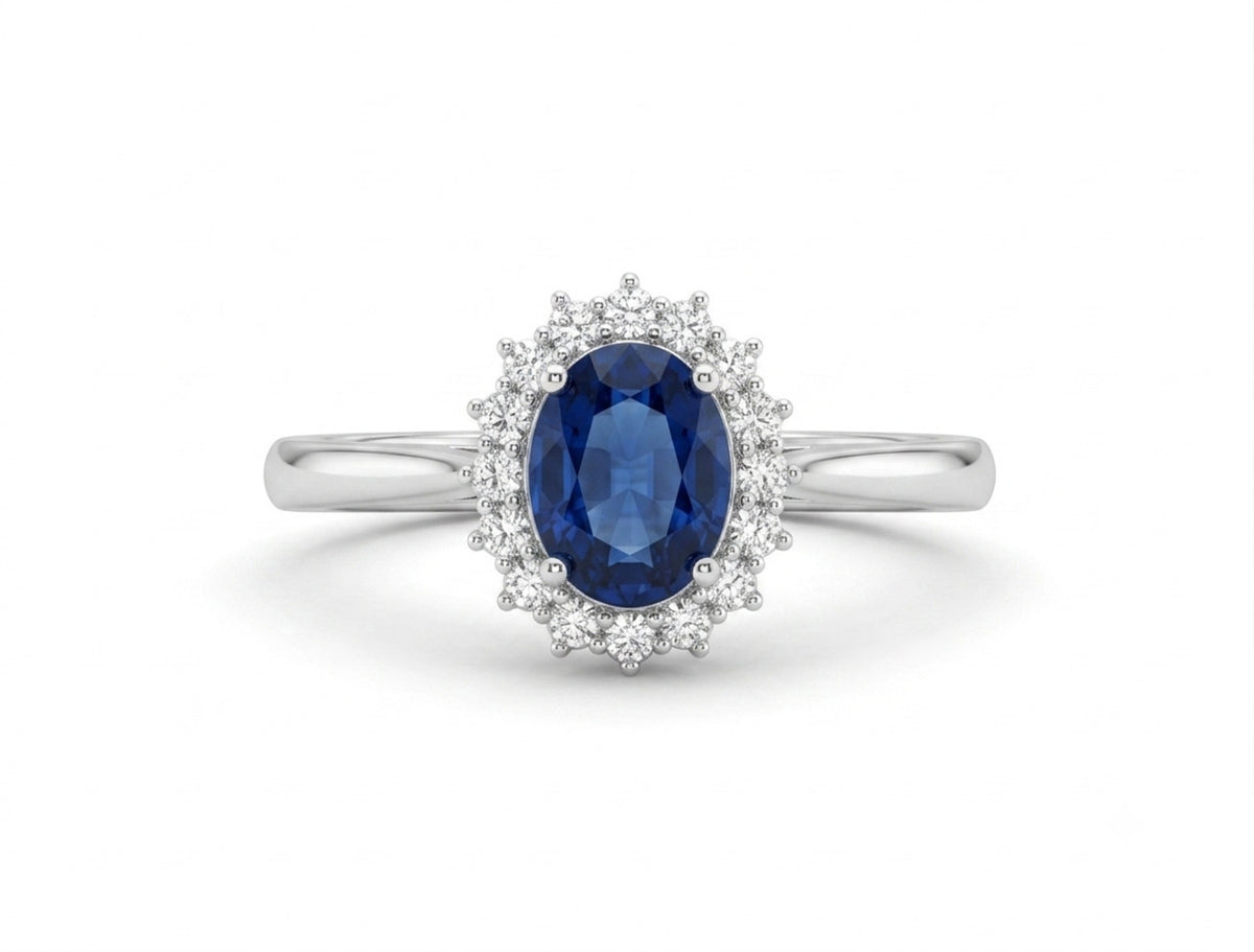 1.11 ct Oval Blue Sapphire Halo Ring in 14K White Gold