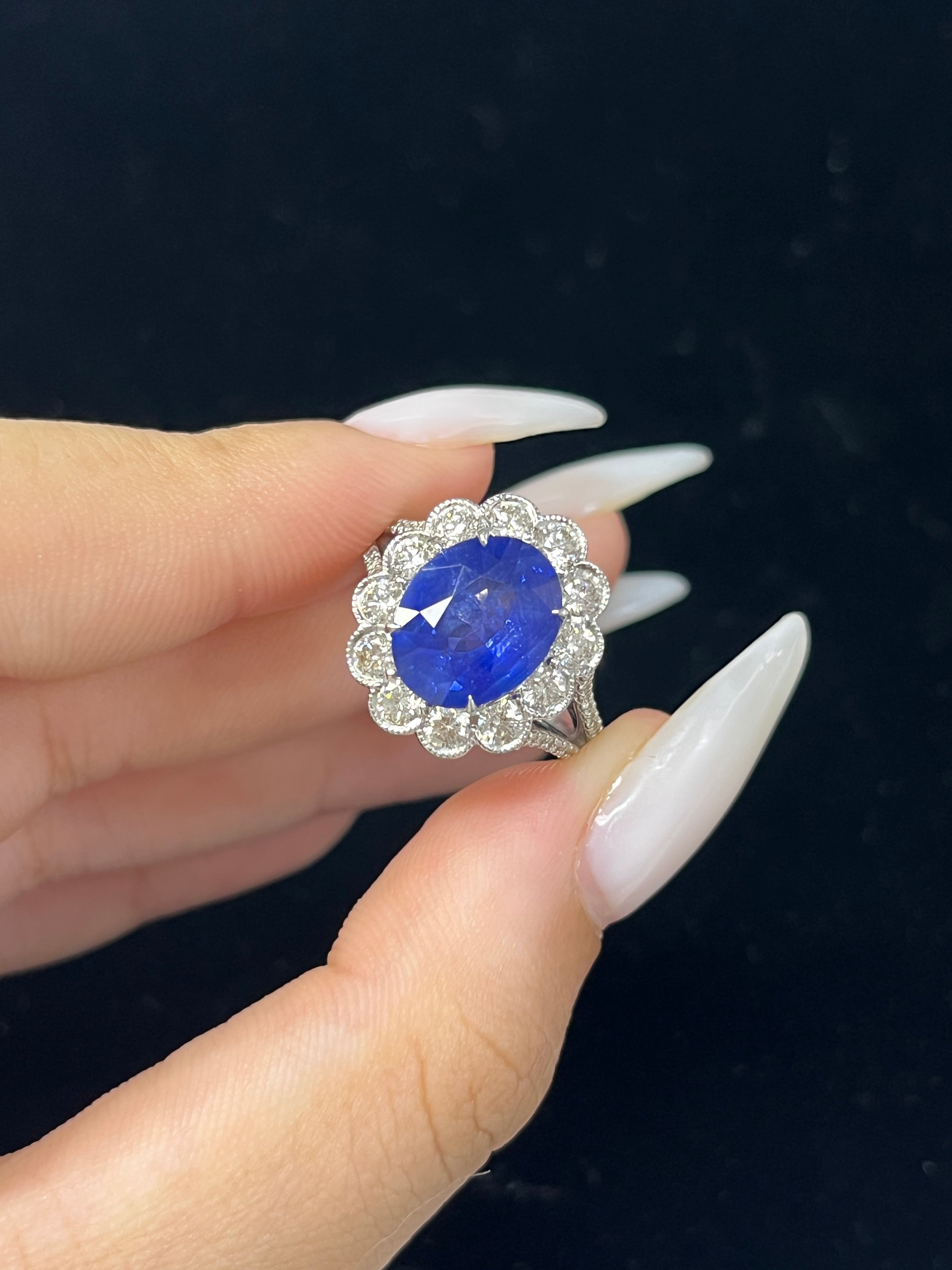 4.32 Carat Ceylon Royal Blue Sapphire Ring with Round Halo Diamonds in 18K White Gold