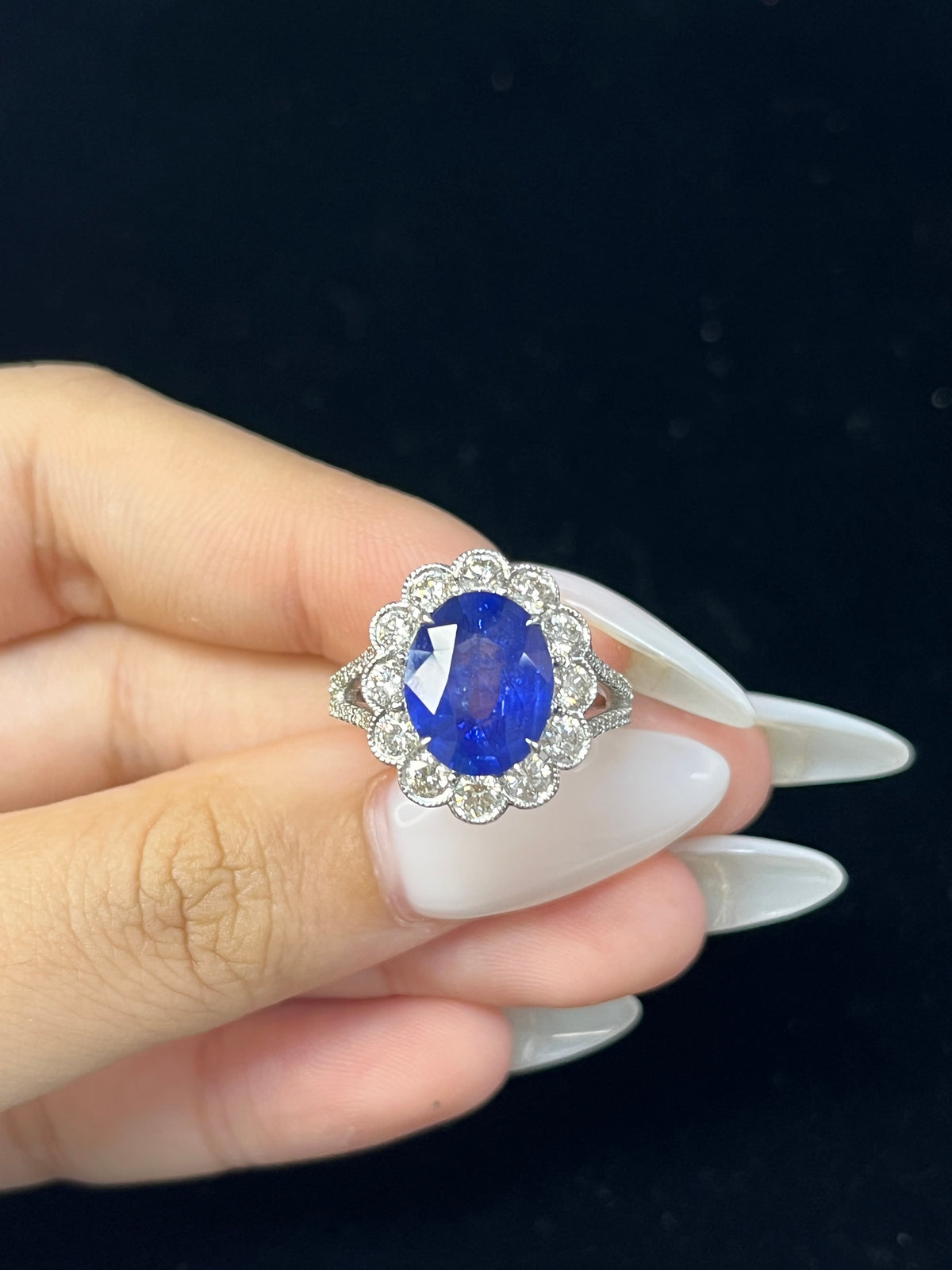4.32 Carat Ceylon Royal Blue Sapphire Ring with Round Halo Diamonds in 18K White Gold