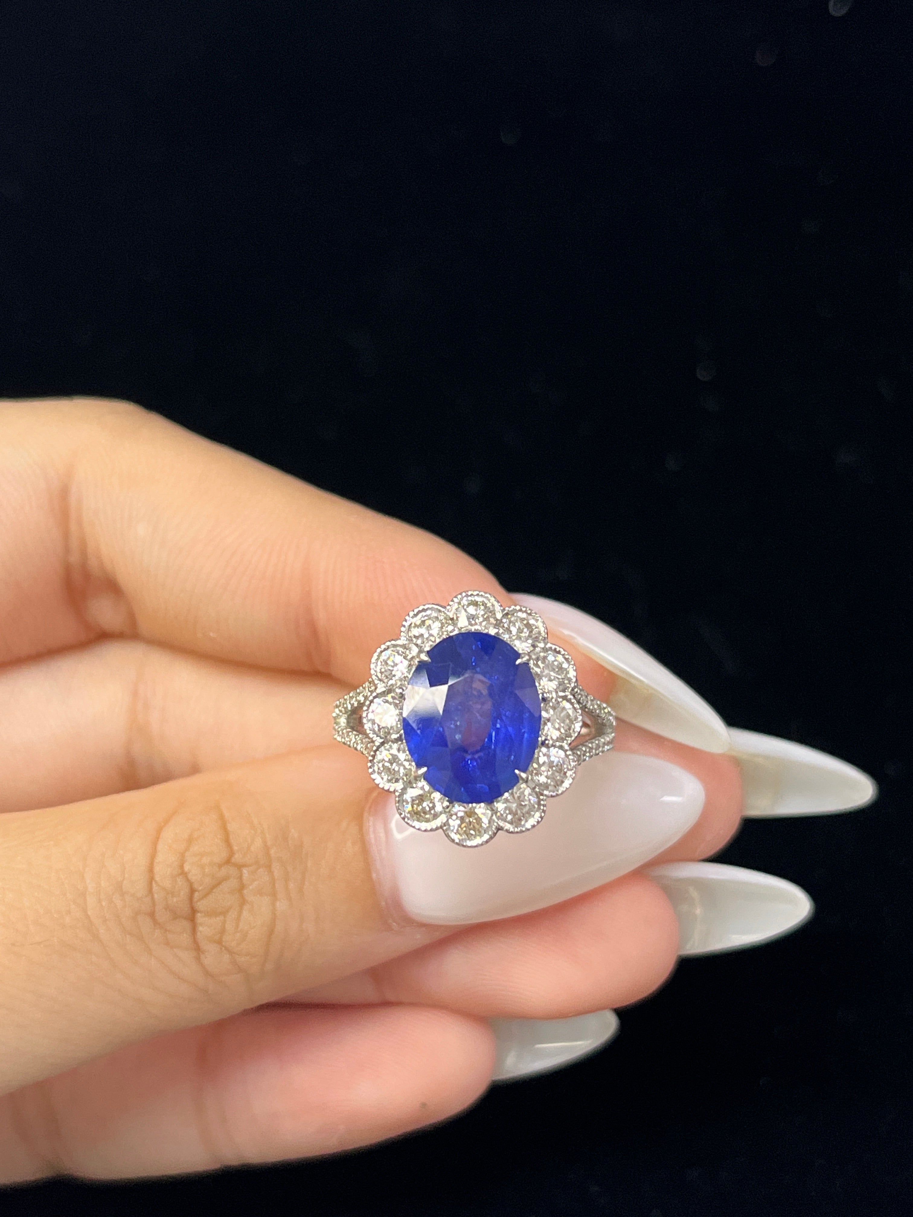 4.32 Carat Ceylon Royal Blue Sapphire Ring with Round Halo Diamonds in 18K White Gold