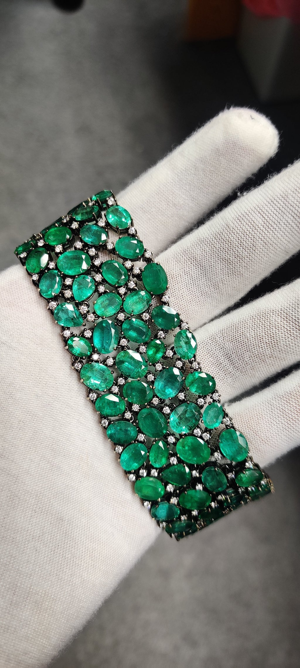 115.21 Carat Zambian Emerald Studded with Diamonds Bracelet in 18K White Gold