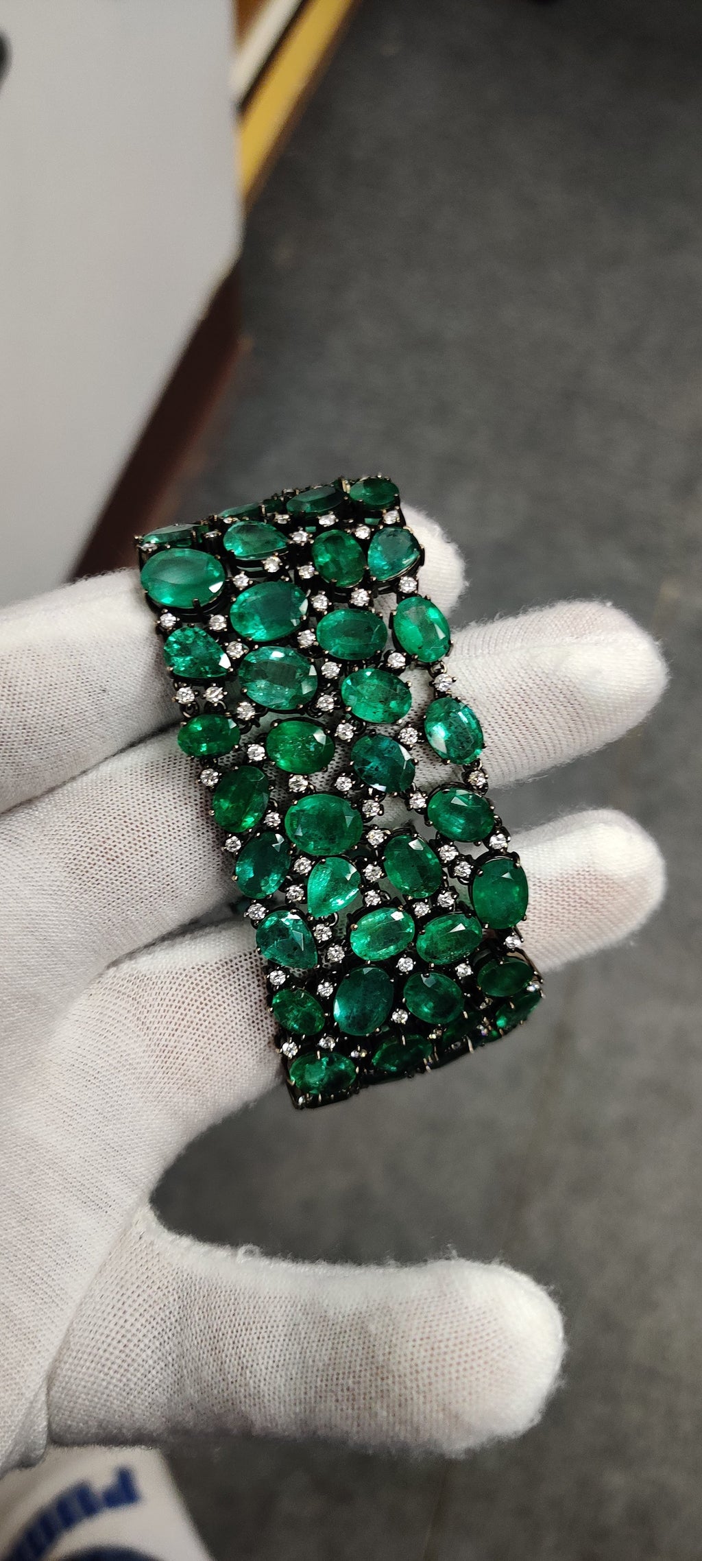 115.21 Carat Zambian Emerald Studded with Diamonds Bracelet in 18K White Gold
