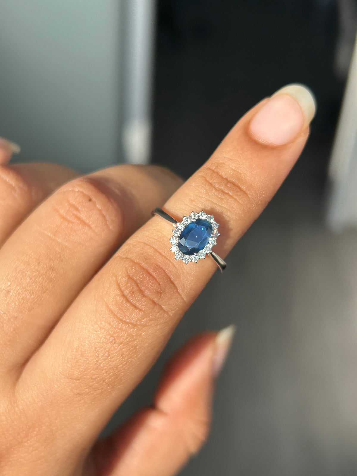 1.11 ct Oval Blue Sapphire Halo Ring in 14K White Gold