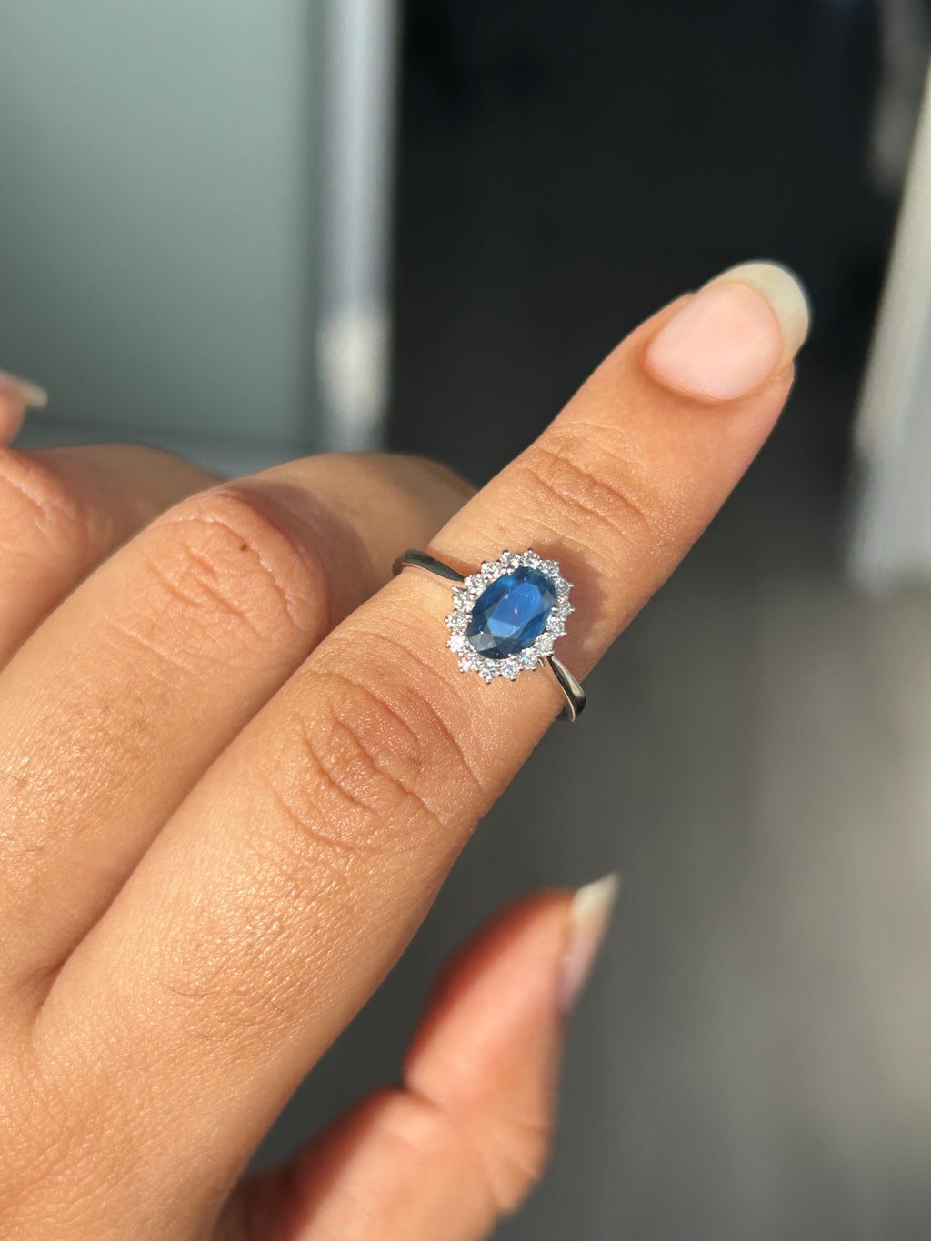 1.11 ct Oval Blue Sapphire Halo Ring in 14K White Gold