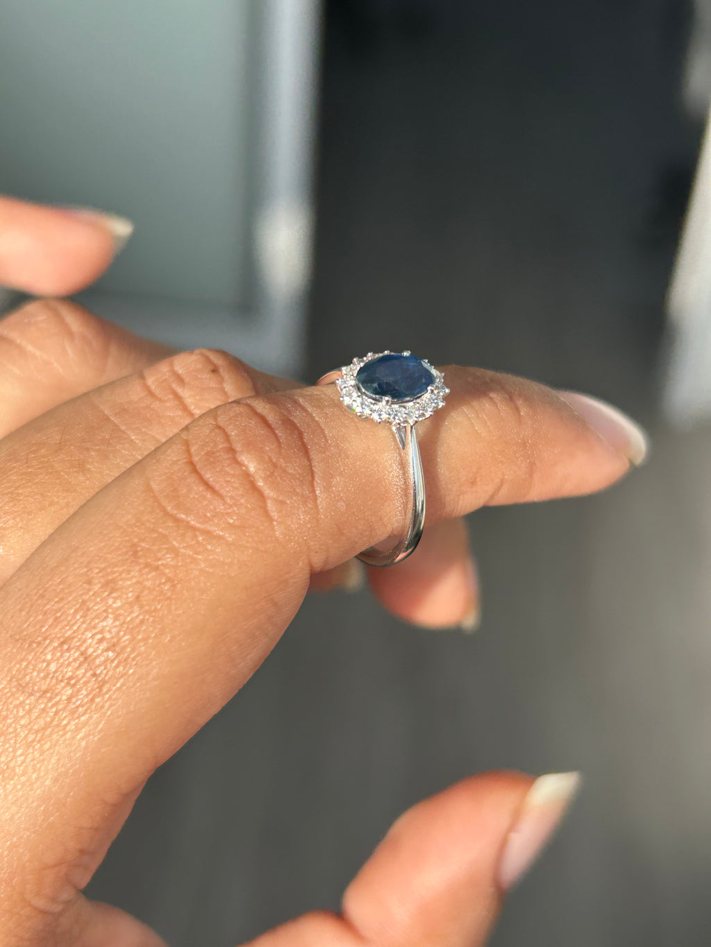 1.11 ct Oval Blue Sapphire Halo Ring in 14K White Gold