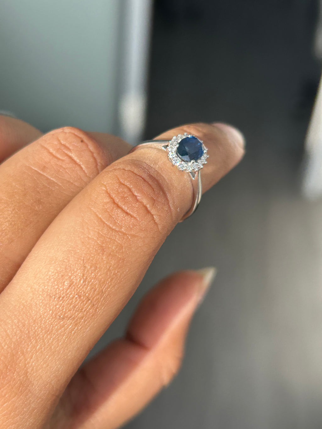 1.11 ct Oval Blue Sapphire Halo Ring in 14K White Gold