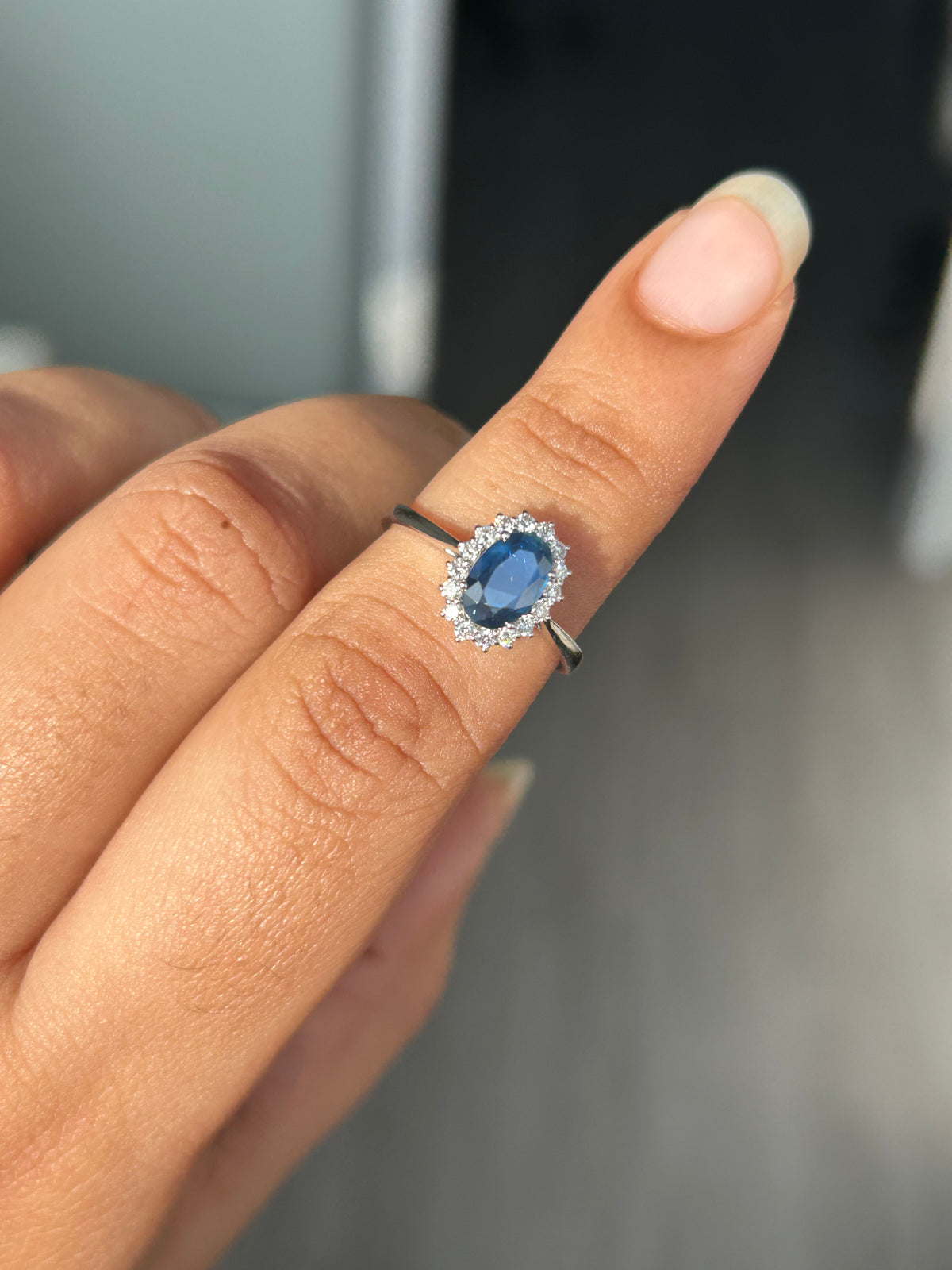 1.11 ct Oval Blue Sapphire Halo Ring in 14K White Gold