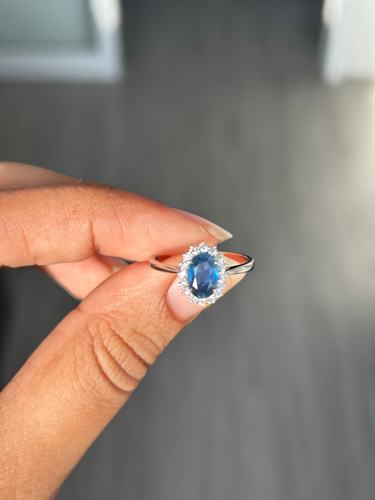 1.11 ct Oval Blue Sapphire Halo Ring in 14K White Gold