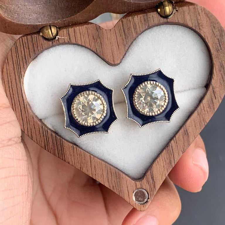 2.93 Carat Old Mine Cut Diamond Earrings (14K Gold)