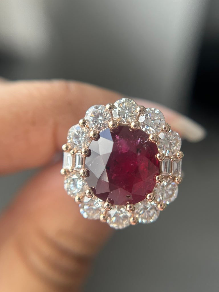 Raja's Empire 6.1 ct Ruby and Diamond Halo Ring in 14K Yellow Gold
