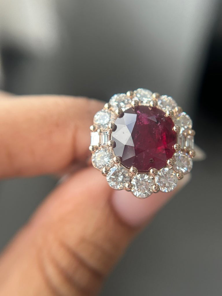 Raja's Empire 6.1 ct Ruby and Diamond Halo Ring in 14K Yellow Gold