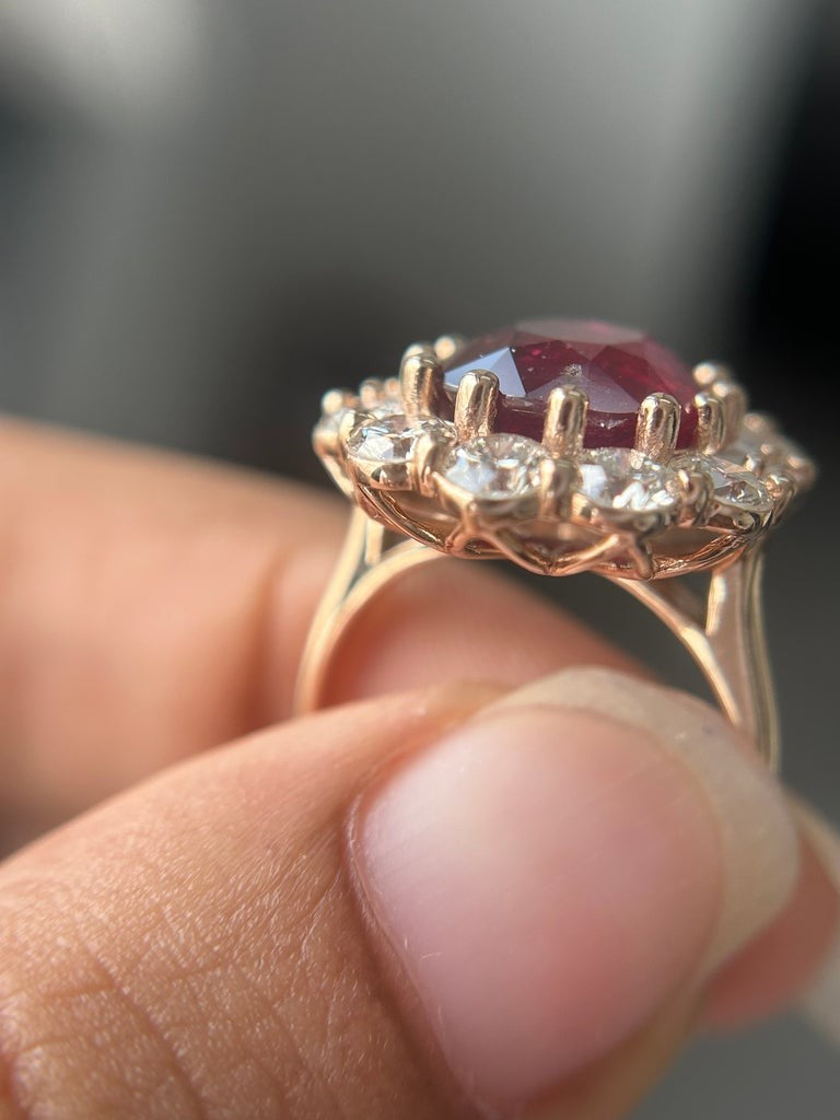 Raja's Empire 6.1 ct Ruby and Diamond Halo Ring in 14K Yellow Gold