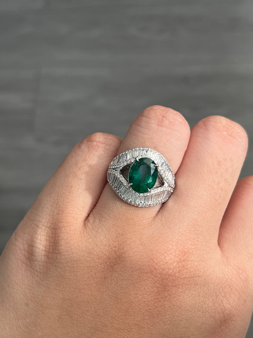 2.56 Carat Zambian Emerald & Baguette Diamonds studded 18K White Gold Ring