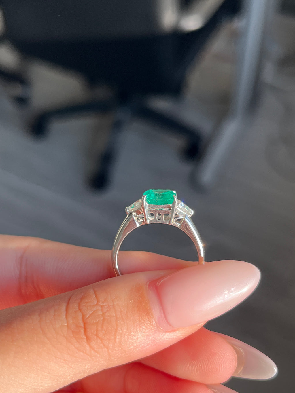 1.55 Carat Colombian Emerald & Diamond Three-stone Ring in Platinum 900