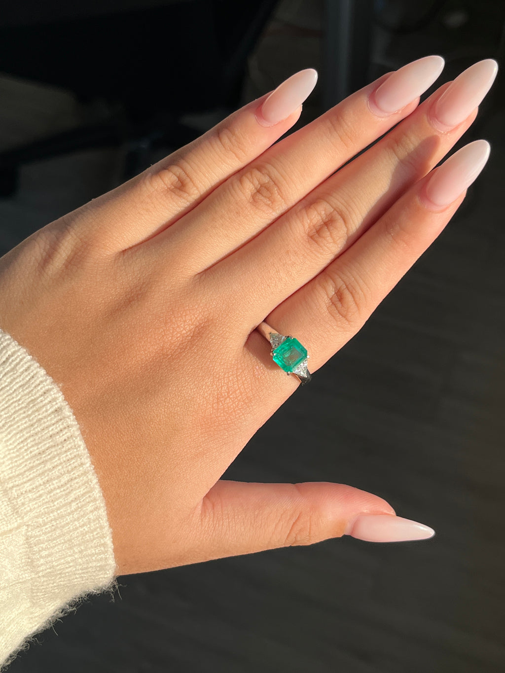 1.55 Carat Colombian Emerald & Diamond Three-stone Ring in Platinum 900