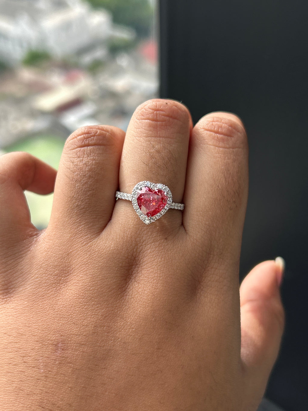 2.58 Carat Pink Color Heart Shaped Lab diamonds in 14K WG Ring