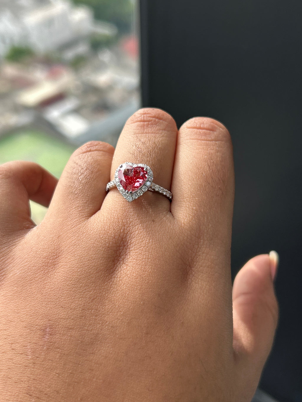 2.58 Carat Pink Color Heart Shaped Lab diamonds in 14K WG Ring