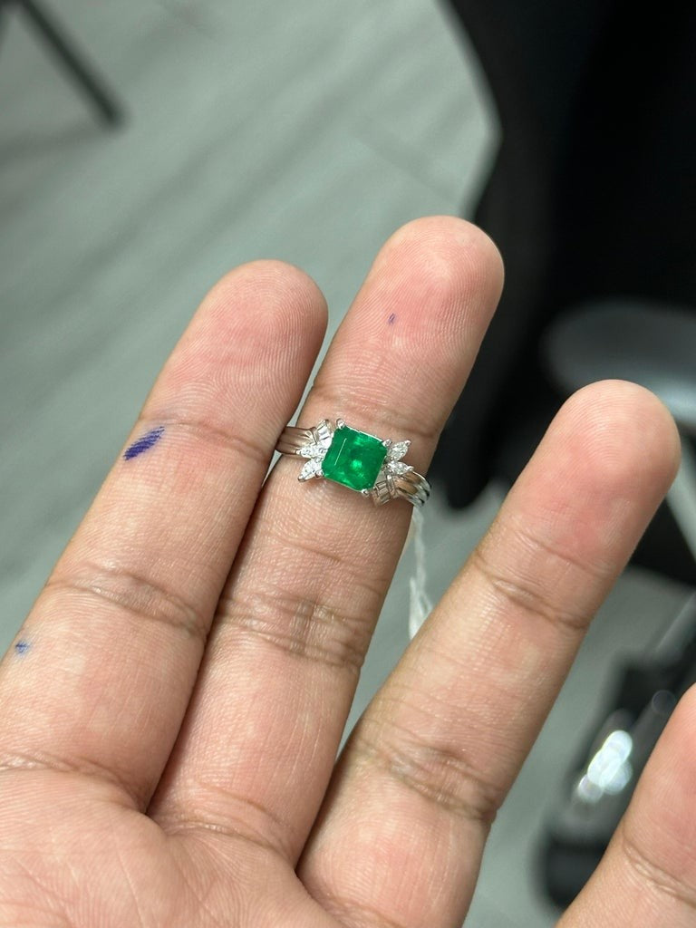 1.45 Carat Colombian Emerald & Diamond Antique-style Ring in Platinum 900
