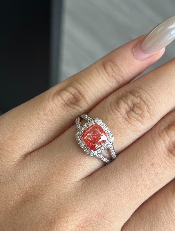2.48 Carat Pink Cushion Lab Diamond Ring in 14K WG