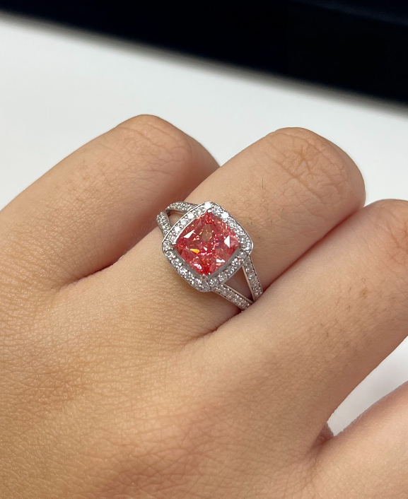 2.48 Carat Pink Cushion Lab Diamond Ring in 14K WG