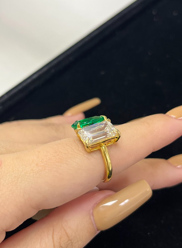 2.62 Carat Green Pear Shape + 5.07 Carat Emerald Cut Lab Diamond Ring in 18K Yellow Gold