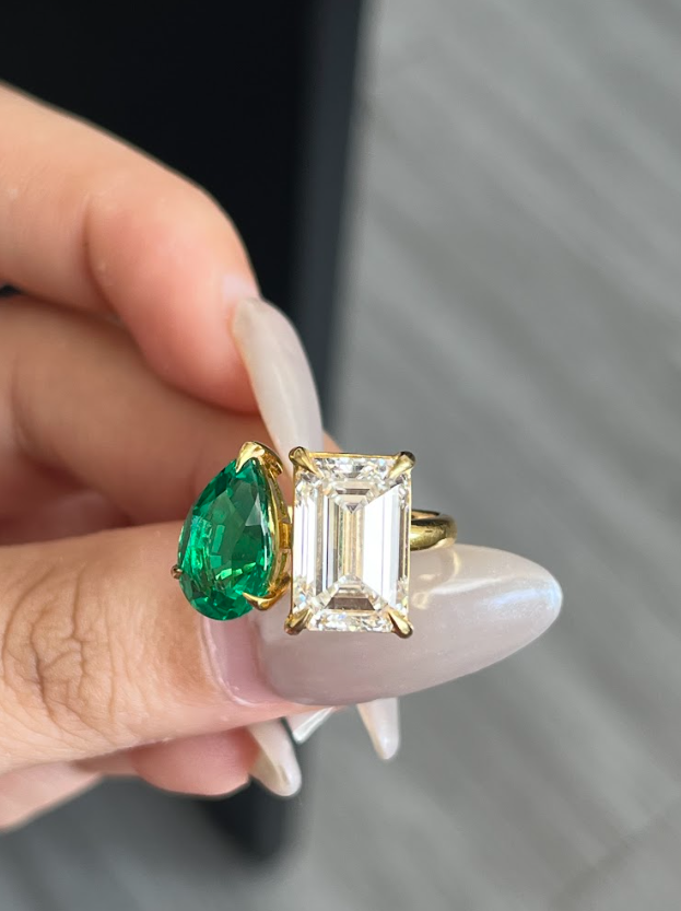 2.62 Carat Green Pear Shape + 5.07 Carat Emerald Cut Lab Diamond Ring in 18K Yellow Gold
