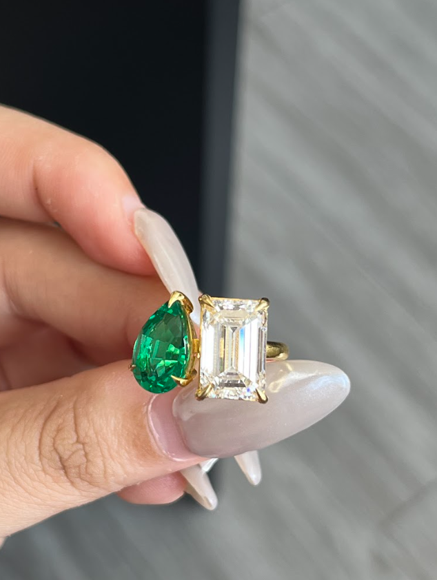 2.62 Carat Green Pear Shape + 5.07 Carat Emerald Cut Lab Diamond Ring in 18K Yellow Gold