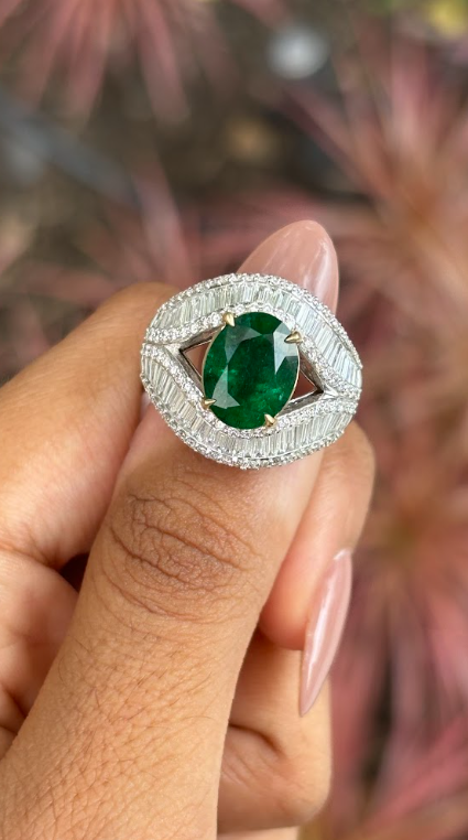 2.56 Carat Zambian Emerald & Baguette Diamonds studded 18K White Gold Ring