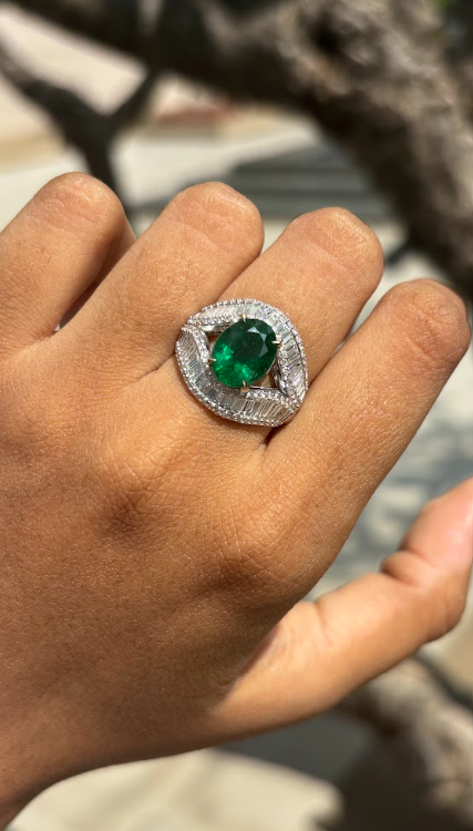 2.56 Carat Zambian Emerald & Baguette Diamonds studded 18K White Gold Ring