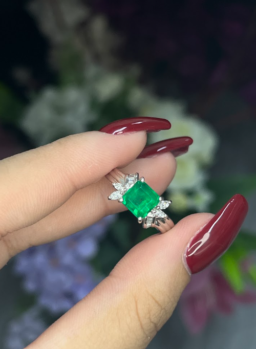 1.45 Carat Colombian Emerald & Diamond Antique-style Ring in Platinum 900