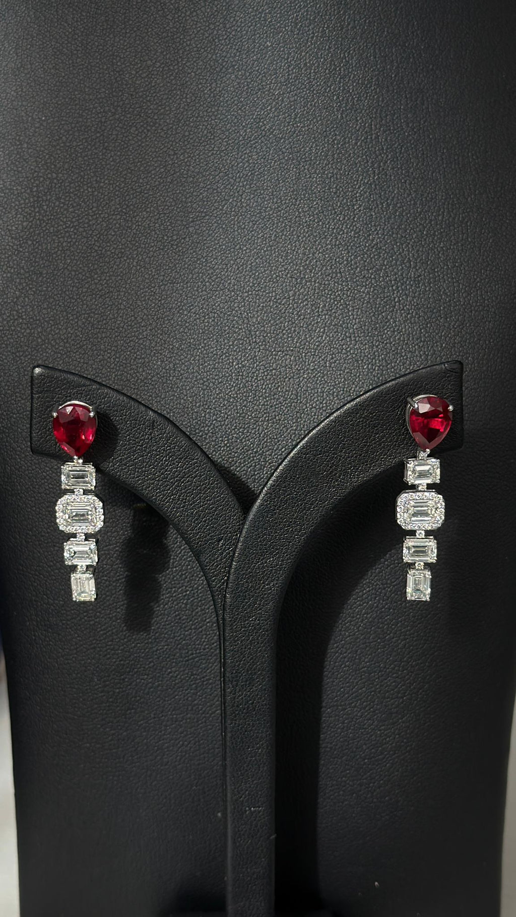 4.68 Carat Pear shaped Lab Ruby in 14KWG Earrings