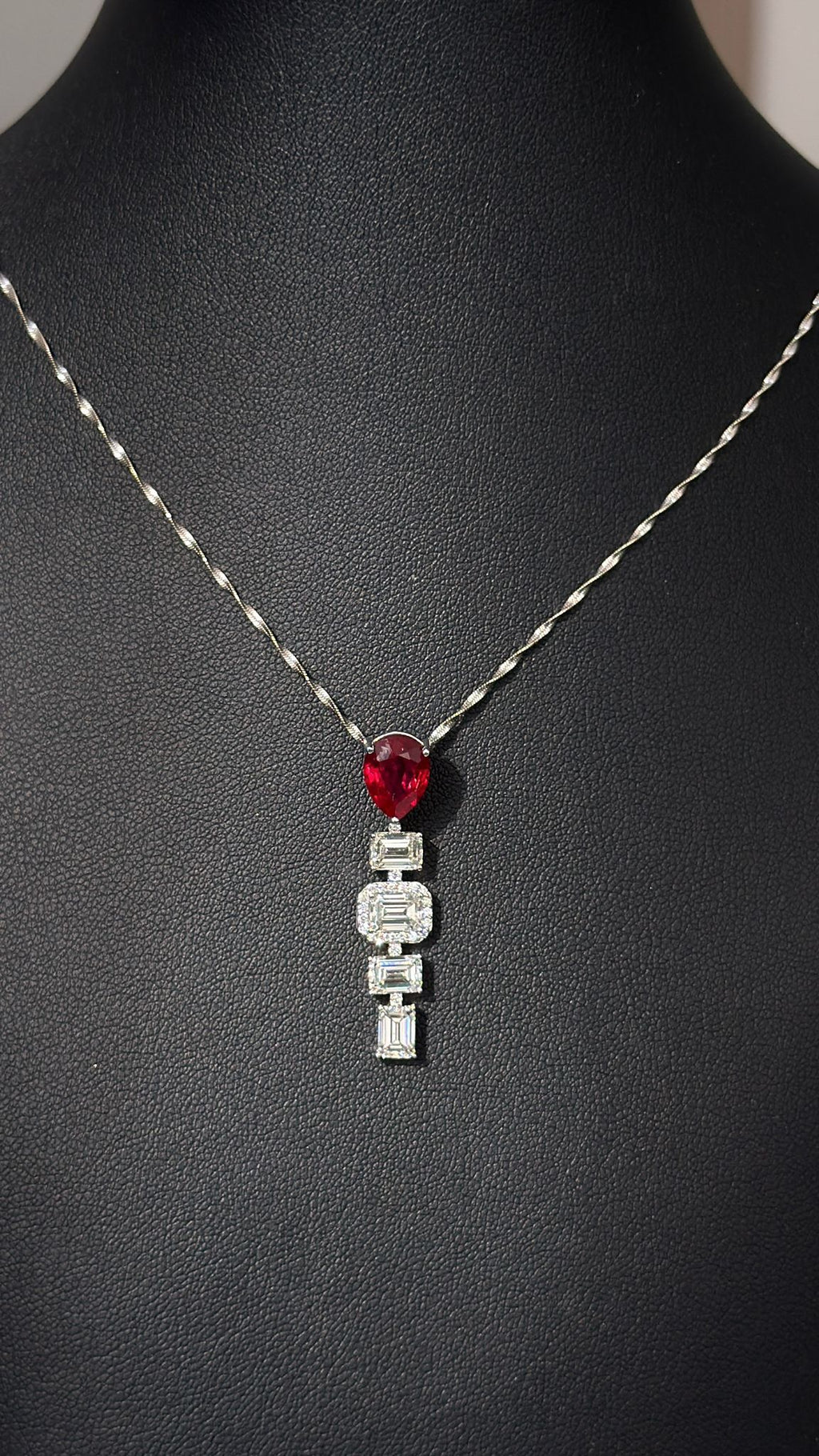 2.17 Carat Pear shaped Ruby,  2.17 Carat Emerald  Cut Lab Diamond in 14KWG Pendant